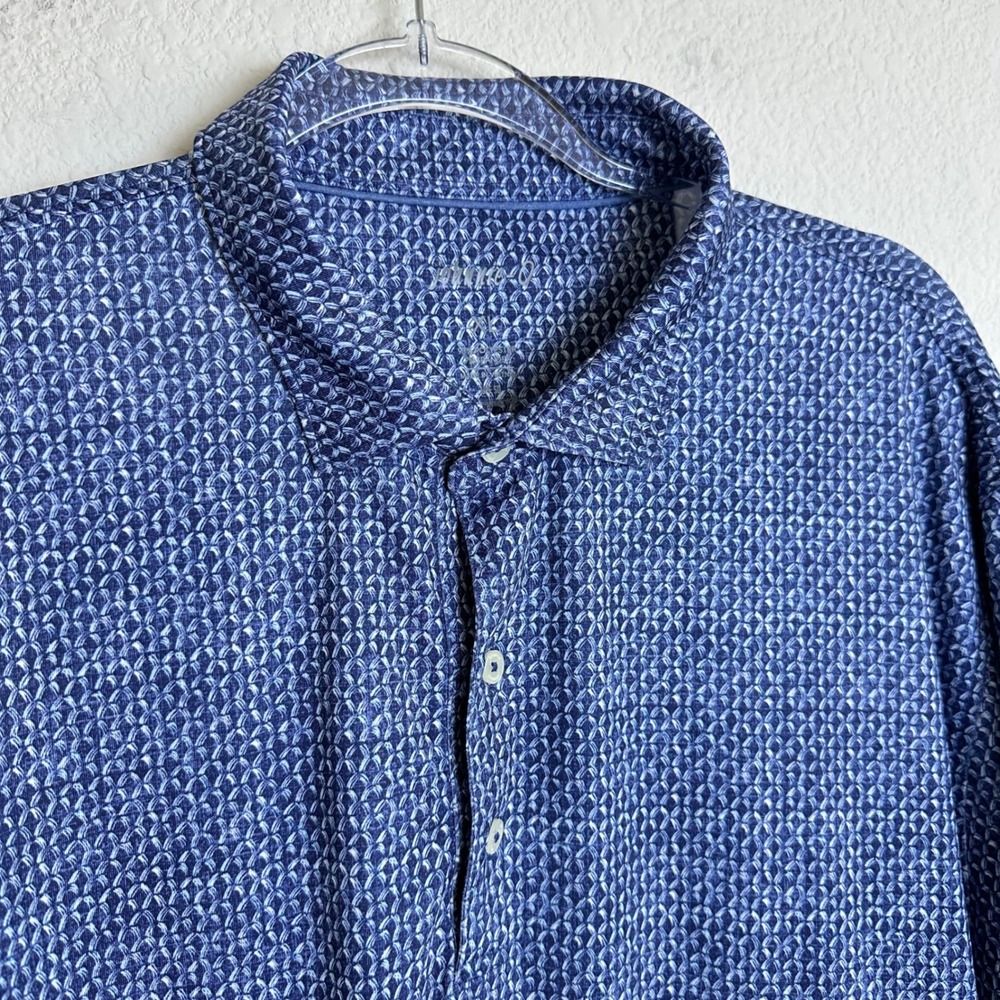 Johnnie-O Kahuna Polo Shirt Mens XL Blue Geometric Mackenzie Cup JMPO5810 UPF 50